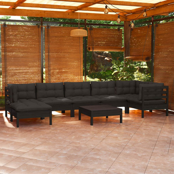 NNEVL 8 Piece Garden Lounge Set with Cushions Black Solid Pinewood