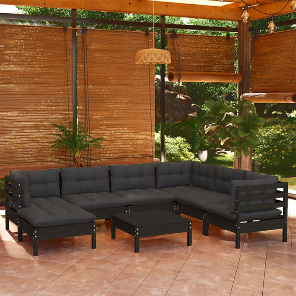 NNEVL 8 Piece Garden Lounge Set with Cushions Black Solid Pinewood