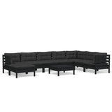 NNEVL 9 Piece Garden Lounge Set with Cushions Black Solid Pinewood