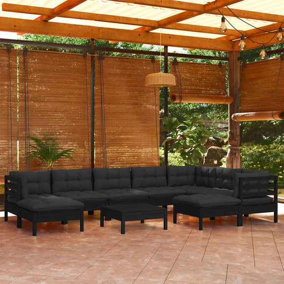 NNEVL 10 Piece Garden Lounge Set with Cushions Black Solid Pinewood