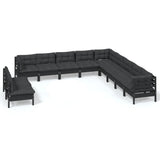 NNEVL 11 Piece Garden Lounge Set with Cushions Black Solid Pinewood