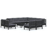 NNEVL 12 Piece Garden Lounge Set with Cushions Black Solid Pinewood