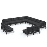 NNEVL 13 Piece Garden Lounge Set with Cushions Black Solid Pinewood