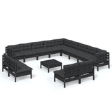 NNEVL 14 Piece Garden Lounge Set with Cushions Black Solid Pinewood