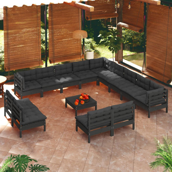 NNEVL 14 Piece Garden Lounge Set with Cushions Black Solid Pinewood
