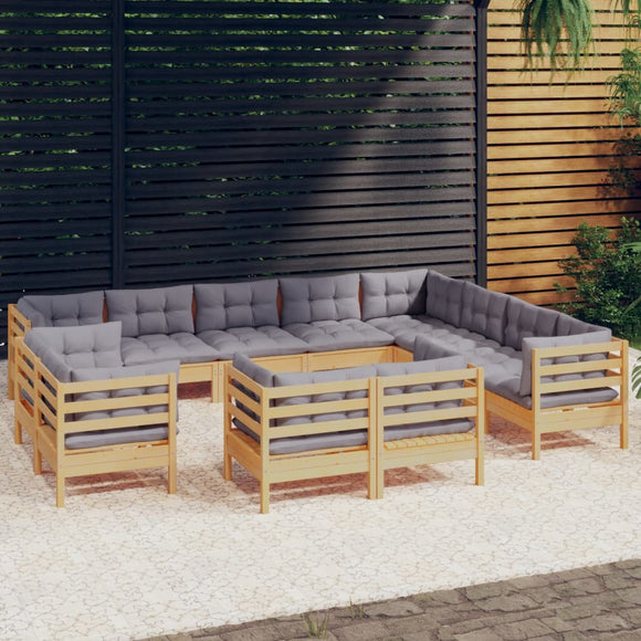 NNEVL 12 Piece Garden Lounge Set with Grey Cushions Solid Pinewood