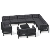 NNEVL 13 Piece Garden Lounge Set with Cushions Black Solid Pinewood