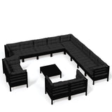 NNEVL 14 Piece Garden Lounge Set with Cushions Black Solid Pinewood