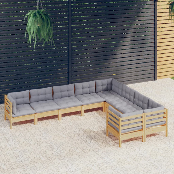 NNEVL 9 Piece Garden Lounge Set with Grey Cushions Pinewood