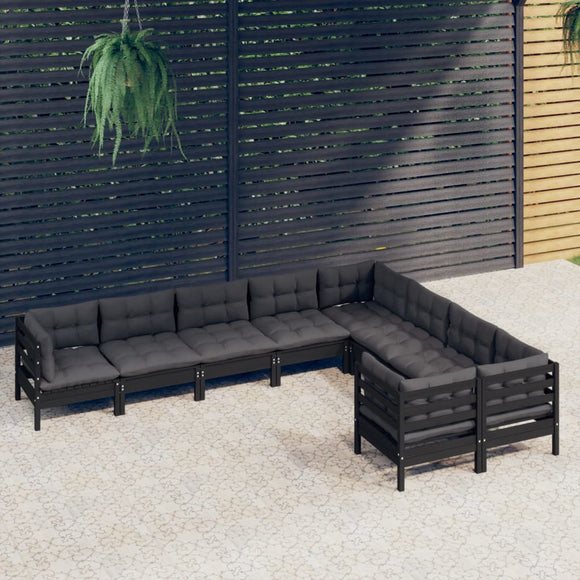 NNEVL 9 Piece Garden Lounge Set with Cushions Black Pinewood