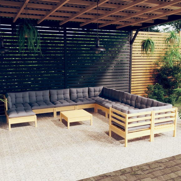 NNEVL 12 Piece Garden Lounge Set with Grey Cushions Pinewood