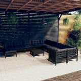 NNEVL 12 Piece Garden Lounge Set with Cushions Black Pinewood