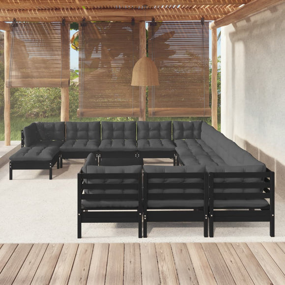 NNEVL 13 Piece Garden Lounge Set with Cushions Black Pinewood