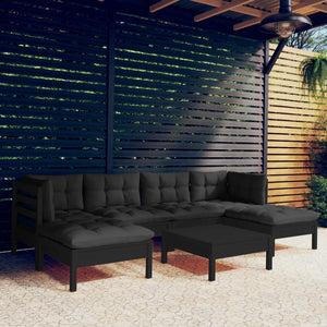 NNEVL 7 Piece Garden Lounge Set with Cushions Black Pinewood