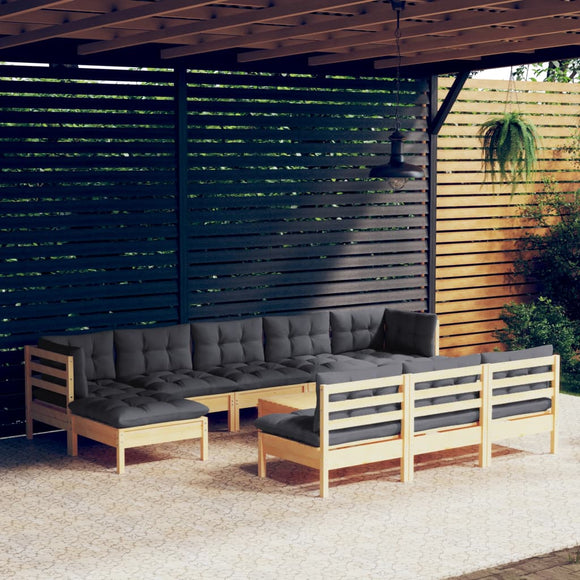 NNEVL 11 Piece Garden Lounge Set with Grey Cushions Pinewood