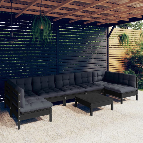 NNEVL 8 Piece Garden Lounge Set with Cushions Black Solid Pinewood