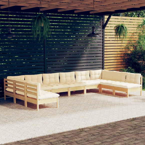 NNEVL 10 Piece Garden Lounge Set with Cream Cushions Solid Pinewood