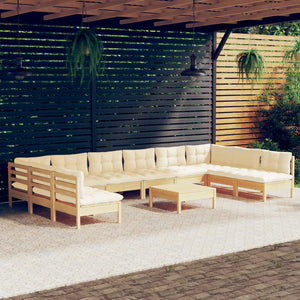NNEVL 11 Piece Garden Lounge Set with Cream Cushions Solid Pinewood