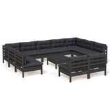 NNEVL 12 Piece Garden Lounge Set with Cushions Black Solid Pinewood