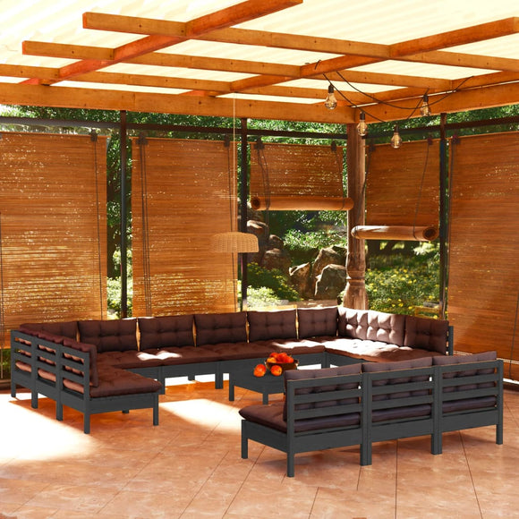 NNEVL 14 Piece Garden Lounge Set with Cushions Black Solid Pinewood