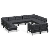 NNEVL 11 Piece Garden Lounge Set with Cushions Black Solid Pinewood