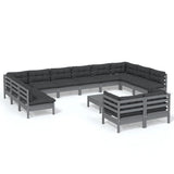 NNEVL 13 Piece Garden Lounge Set with Cushions Grey Pinewood