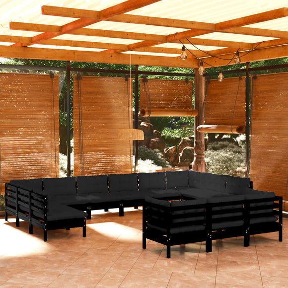 NNEVL 13 Piece Garden Lounge Set with Cushions Black Pinewood