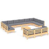 NNEVL 14 Piece Garden Lounge Set with Grey Cushions Pinewood
