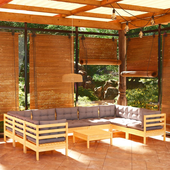 NNEVL 10 Piece Garden Lounge Set with Grey Cushions Pinewood