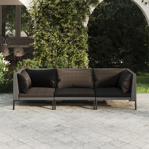 NNEVL 3 Piece Garden Lounge Set with Cushions Poly Rattan Dark Grey