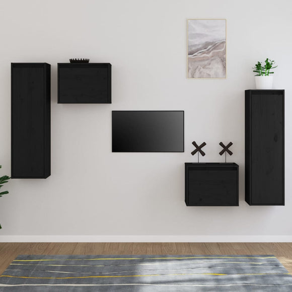 NNEVL TV Cabinets 4 pcs Black Solid Wood Pine