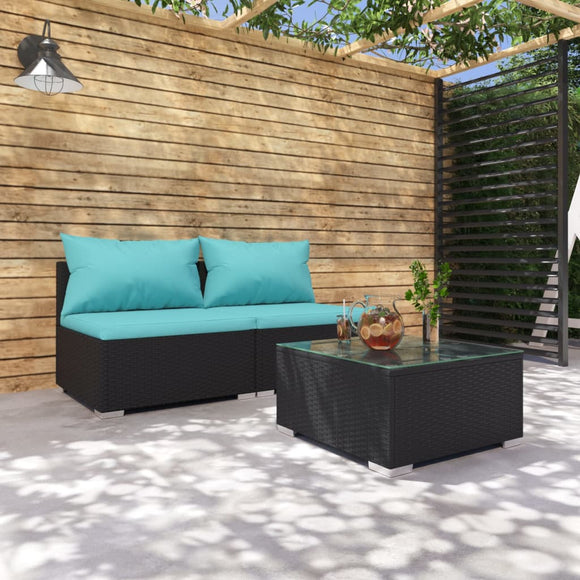 NNEVL 3 Piece Garden Lounge Set with Cushions Poly Rattan Black
