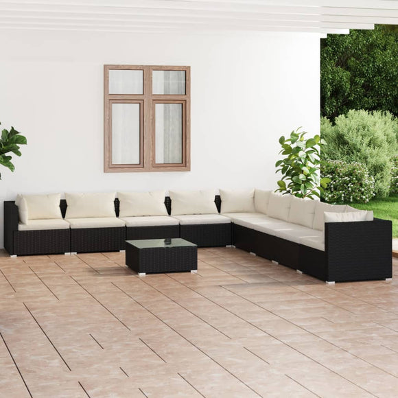 NNEVL 10 Piece Garden Lounge Set with Cushions Poly Rattan Black