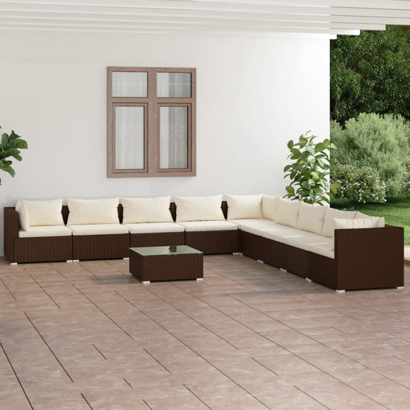 NNEVL 10 Piece Garden Lounge Set with Cushions Poly Rattan Brown