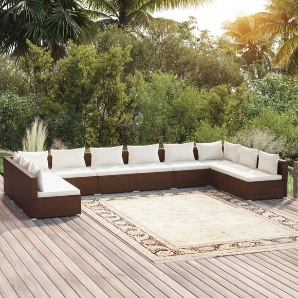 NNEVL 10 Piece Garden Lounge Set with Cushions Poly Rattan Brown