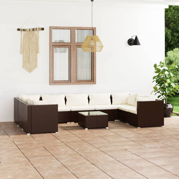 NNEVL 10 Piece Garden Lounge Set with Cushions Poly Rattan Brown