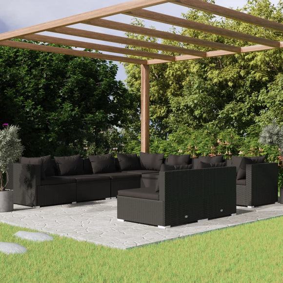 NNEVL 9 Piece Garden Lounge Set with Cushions Black Poly Rattan