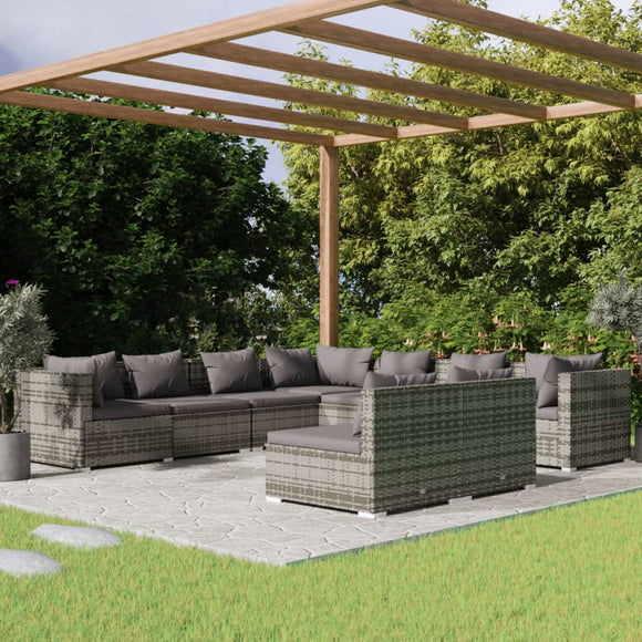 NNEVL 9 Piece Garden Lounge Set with Cushions Grey Poly Rattan