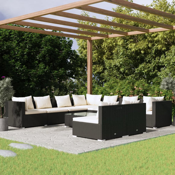 NNEVL 10 Piece Garden Lounge Set with Cushions Black Poly Rattan