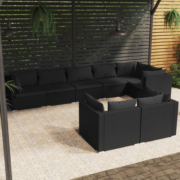 NNEVL 8 Piece Garden Lounge Set with Cushions Black Poly Rattan