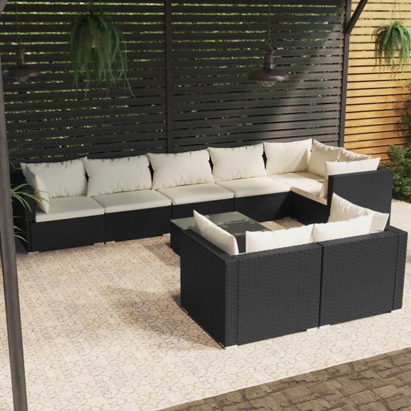 NNEVL 9 Piece Garden Lounge Set with Cushions Black Poly Rattan