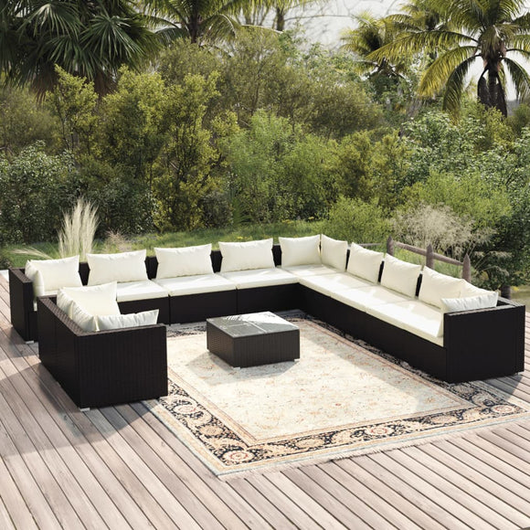 NNEVL 12 Piece Garden Lounge Set with Cushions Black Poly Rattan