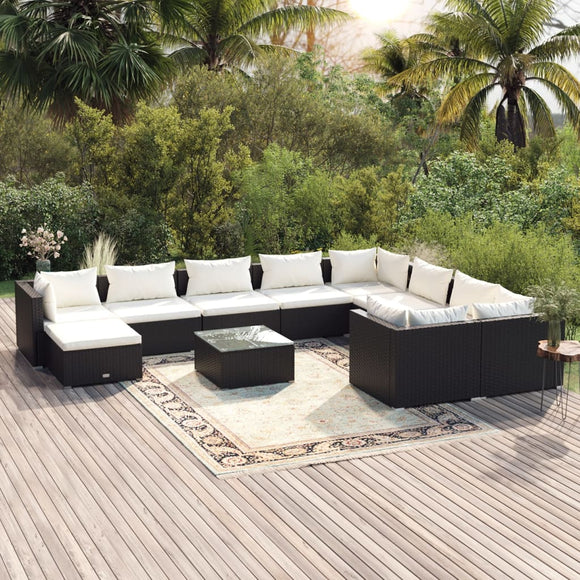 NNEVL 11 Piece Garden Lounge Set with Cushions Poly Rattan Black