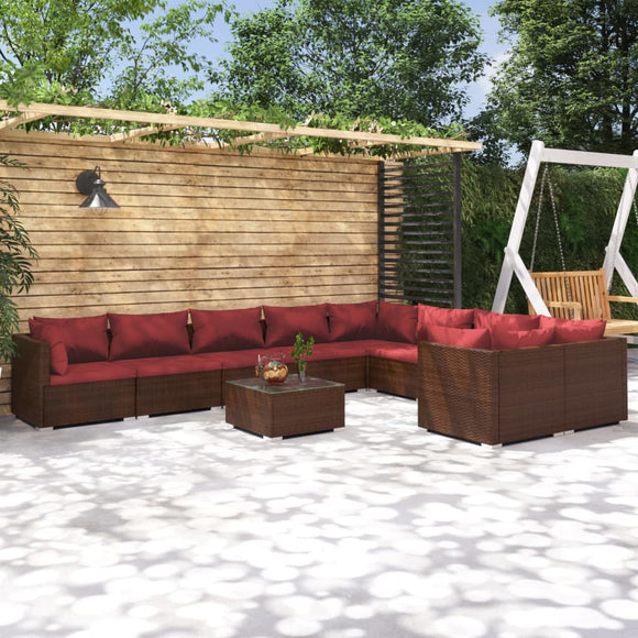 NNEVL 10 Piece Garden Lounge Set with Cushions Poly Rattan Brown