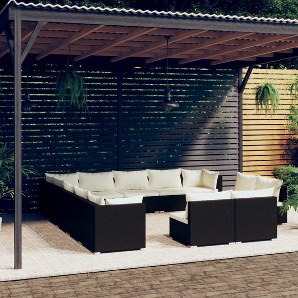 NNEVL 13 Piece Garden Lounge Set with Cushions Black Poly Rattan
