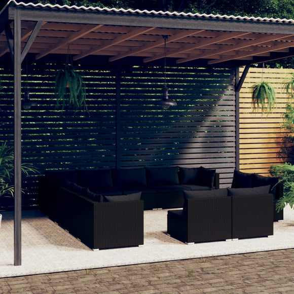 NNEVL 13 Piece Garden Lounge Set with Cushions Black Poly Rattan