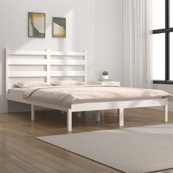 NNEVL Bed Frame White Solid Wood Pine 135x190 cm 4FT6 Double