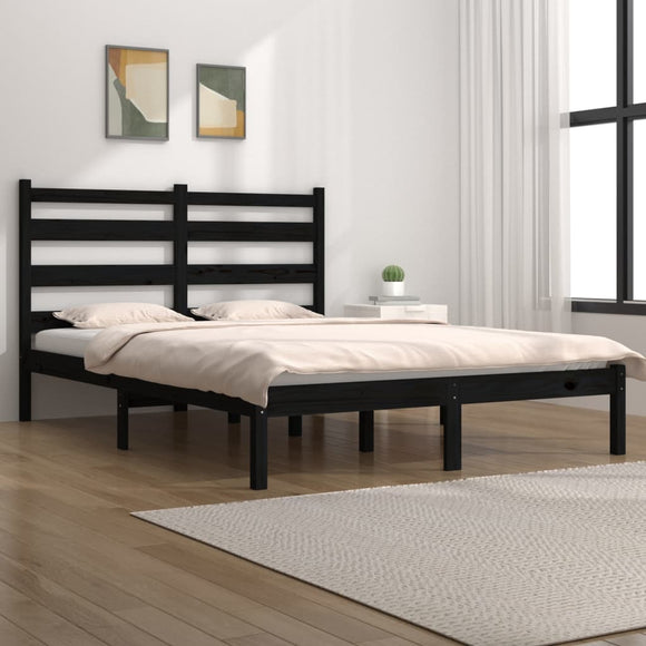 NNEVL Bed Frame Black Solid Wood Pine 135x190 cm 4FT6 Double