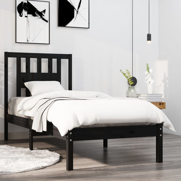 NNEVL Bed Frame Black Solid Wood 90x190 cm 3FT Single
