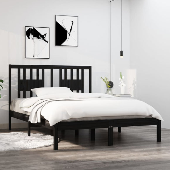 NNEVL Bed Frame Black Solid Wood 135x190 cm 4FT6 Double